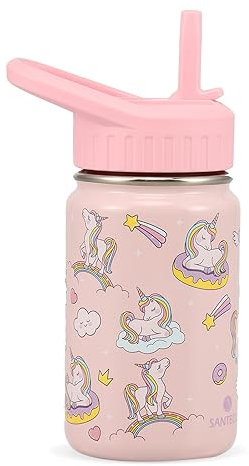 SANTECO Trinkflasche Kinder Edelstahl 350ml mit Strohhalm, Kinder Thermosflasche BPA-frei Wasserflasche Einfach zu Säubern, Thermoskanne Jungen Mädchen für Kindergarten Schule - Einhorn