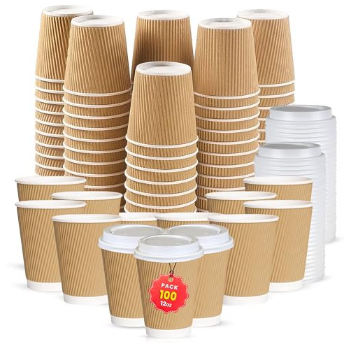 CHEF ROYALE 100 x 12oz Disposable Coffee Cups with Lids - Takeaway Paper Cups for Hot & Cold Drinks - Kraft Triple Walled Disposable Paper Ripple Cups -Reusable Takeaway Coffee Cups (with Lids)