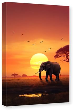 CXHOSTENT Afrikanischer Elefant Leinwand Wandkunst Wildtier-Gemälde Druck Grasland Sonnenuntergang Bild Wildtiere Poster Rahmen (Elefant - 1, 30.00 x 45.00 cms)