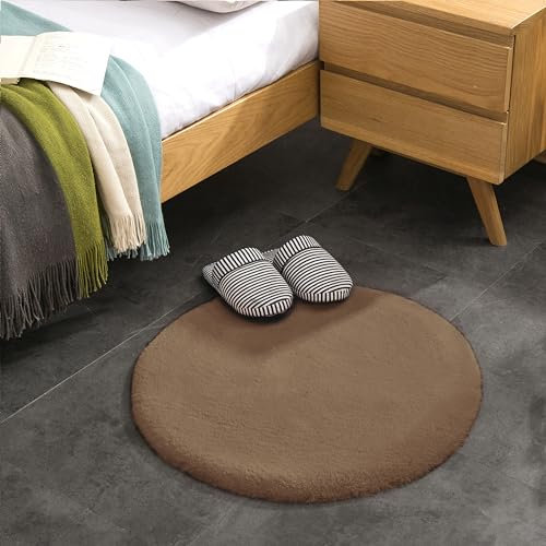 Teppich Wölkchen Fell Rund, Fellteppich Rund, Kunstfell Teppich Waschbar, Hasenfell, Kaninchenfell - Flauschiger Teppich Wohnzimmer, Bettvorleger Schlafzimmer - Braun - Rund 60cm