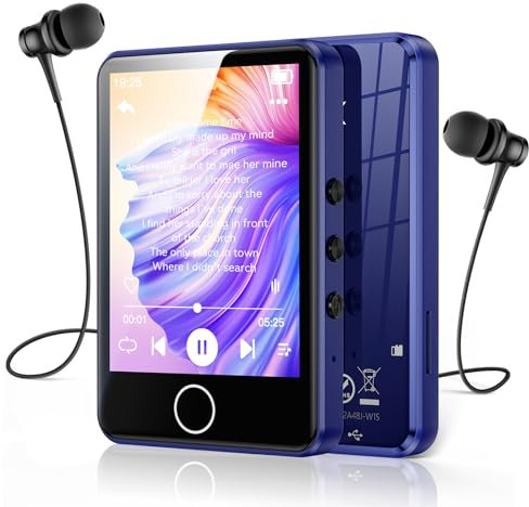 AGPTEK 64Go MP3 Bluetooth 5.3, Baladeur Numérique 2.8 Tactile Lecteur Musique HiFi avec Haut-Parleur/Radio FM/Enregistreur, Externe Jusqu'à 128Go, Incluse Protection en Silicone et Écouteurs, Bleu