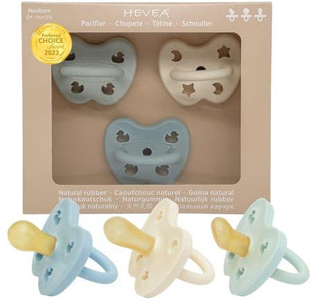 HEVEA Probe Trio-Bund von Baby Schnuller Neugeborene in Naturkautschuk – Schnuller Starterpaket mit Drei brustähnlicher Schnuller für Neugeborene 0+ Monate (Hellblau)