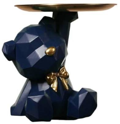 BLOOOK Statue Skulptur,Bär Figur Dekorative Tablett,Bären Skulpturen mit Dekotablett,Teddy Bär Deko Figuren Schlüsselschale,Dekoschale für Dessert Kosmetik Schmuck Kerzen (Dunkelblau (B))