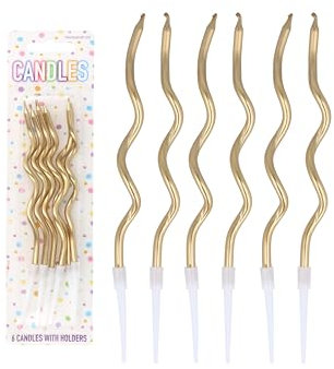 Henbrandt Pack of 6 Gold Wavy Party Candles with 6 Candle Holders, Metallic Gold 12cm Spiral Twist Tall Thin Celebration Candles for Birthday Cakes and Anniversary Decorations