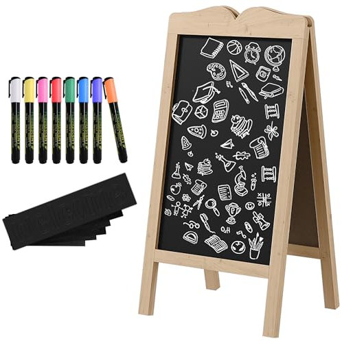 Vinsetto Pizarra Caballete Pizarra Doble Cara Plegable Magnética con 6 Tableros 8 Tizas Líquidas y Marco de Madera 51x60x101 cm Natural