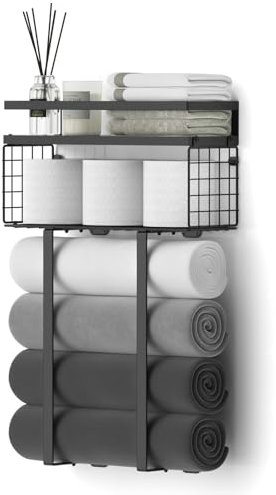 Xstydes Towel Racks for Bathroom, Metal Towel Holder with Storage Basket,Wall Towel Rack for Rolled Towels, Towel Storage for Small Bathroom,Black