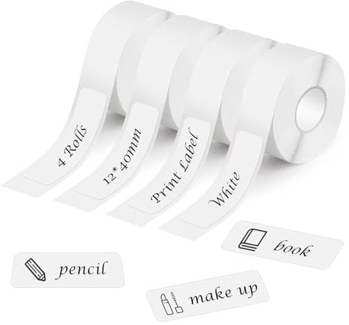 NVIYAM 4 Rollen Thermo-Etikettenband 12x40mm,Etikettenband für P15/Q30/D30 Etikettiergerät, Etikettendrucker Thermo Papier,Etikettendrucker Bluetooth für Schule, Zuhause, Büro