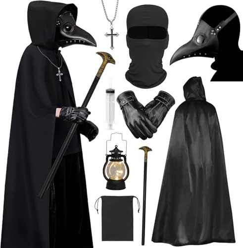 HarnyLoom Pestdoktor Kostüm Herren - 10 Pcs Plague Doctor Costume Erwachsene Maske Pest Doktor Kostüm Steampunk Pestarzt mit Kapuze, Halloween Cosplay Horror Outfits, Kreuz-Halskette Zepter