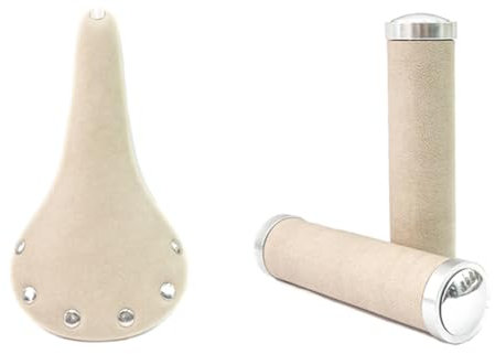 TentHome Vintage Fahrrad Accessoires Sattel Classic Line Fahrradsattel Leder PU Lenkergriffe Fahrradgriffe Fahrradlenker Rennrad Tourenrad MTB Zubehör Fahrradsitz+Handgriffe Set Beige Set