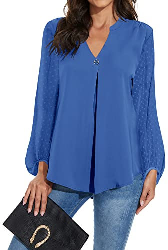Magritta Shirts for Women V Neck Blouses Plus Size Long Sleeve Tunic Tops for Leggings Casual Chiffon Tshirt Tops Sapphire X-Large / 18-20