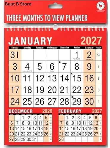 2027 Calendar, A4 Large 3 Month To View Spiral Bound Wall Planner for Home Business Office School 1 January 2027 to 31 December 2027 Planners & Personal Organisers,