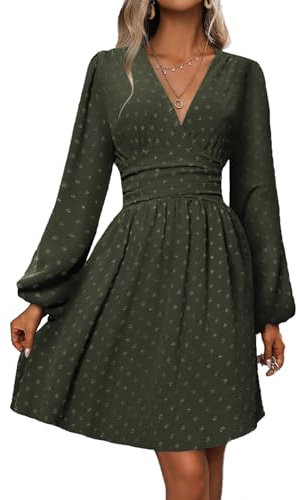 LIAMERHE Vestido Vestido Manga Larga Mujer Casual Vestidos Largos Cuello en V Elegante Vestido de Manga Farol Vestido línea A Otoño Invierno Verde M