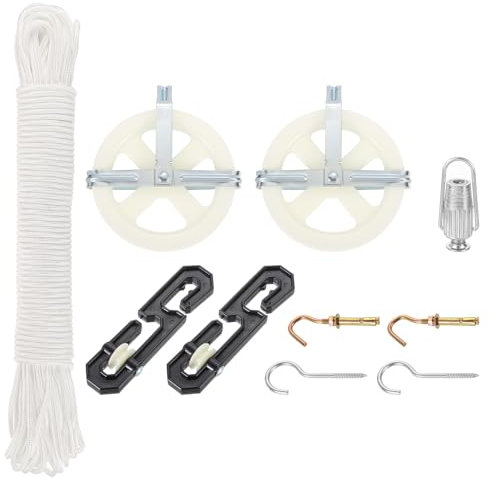 sourcing map Outdoor Clothesline Kit, 5 Clothesline Pulley, 150ft Clothes Line Rope for Outside, S-Separator Spreader Pulley, Clothesline Tightener and 50pcs Clothespins for Outdoor & Indoor