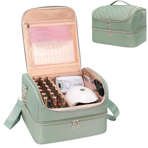 Nail Polish Organiser, Nail Varnish Storage Box Holds 45 Bottles Nail Polish & Nail Lamp, Nail Tech Travel Case, Nail Kit Carrying Bag for Nail Stuff & Manicure Tools (Green, 69 Slots)
