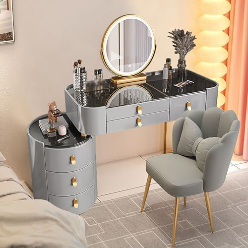 DGPBD Schminktisch Mit Beleuchtung Und Stuhl,3 Farben Mit Einstellbarer Helligkeit, Schminktisch Mit 3 Schubladen Aus Massivholz,Kleiner schminktisch (Schminktisch-Set (Grau))