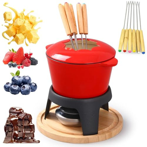 STWBHW Käsefondue-Sets, Fonduetopf-Set aus Gusseisen, Schokoladenschmelztopf for geschmolzenen Käse, mit 6 Fonduegabeln, Holzpalette, Antihaftbeschichtung, leicht zu reinigen, Schokoladenfondue