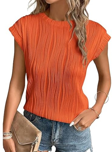 OOHOKAY Women's Crinkle Short Sleeve Top Casual Ruffled Blouse Loose Fit Summer Textured Tee Shirt(Orange Red-p1,S)