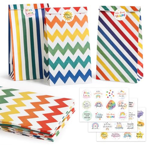 30 Stück Bunte Dankeschön Papiertüten Geschenktüten mit 36pcs Dankeschön Aufkleber Candy Tüten zum Verpacken von Geschenken für Kinder Party Geburtstag Dankeschön Abschiedsgeschenk Lehrer Erzieherin