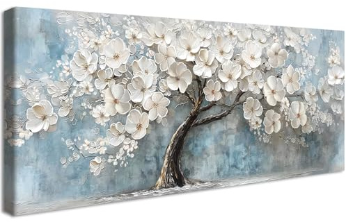 Framed Large Canvas Wall Art For Living Room White Flower Tree of Life Wall Decor For Bedroom Blooming Floral Painting White Floral Tree Picture Canvas Prints Office Artwork Hotel Home Decor 50x120cm