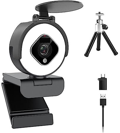 DCDCD Webcam HD 1080P 60FPS USB Webcam With Ring Light Web Camera With Microphone Privacy Cover Included For Conferencing, Live Streaming, Recording