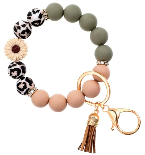 KFHENSOMR Silikon Schlüsselanhänger Damen, Perlenarmband Autoschlüsselanhänger mit PU Quaste, Elastisches Armband Handgelenk, Schlüsselbund Taschenanhänger für Frauen Geschenke