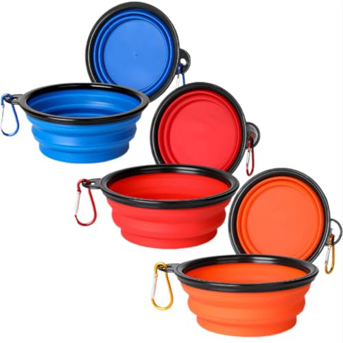 3pcs Collapsible Dog Bowls, Travel dog bowl，Silicone Dog Travel Bowls Portable Collapsible Dog Food and Water Bowls with Hook and Carabiner Collapsible Pet Feeding Bowls (350ml)