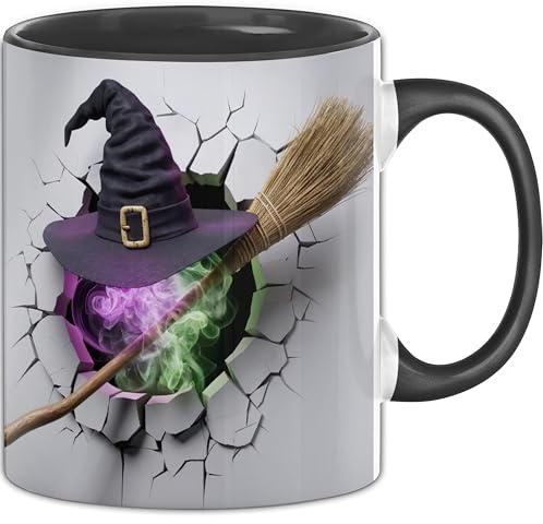 3D Hexenhut und Besen Tasse Geschenk Hexenhut und Besen Durchbruch Wand Spruch Geschenkidee für Hexenhut und Besen Liebhaber (Schwarz)
