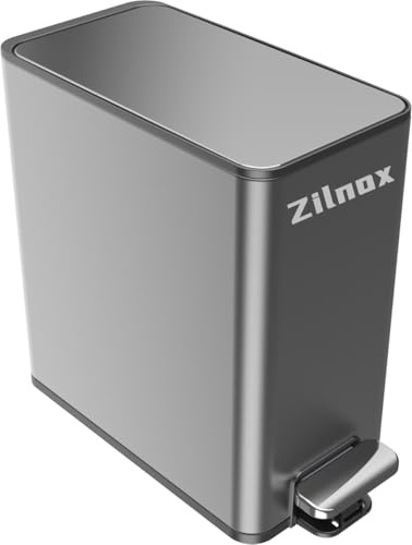 Zilnox 6L Bathroom Bin with Lid, Soft Close Narrow Pedal Toilet Bin, Small Bedroom Bin for Room, Stainless Steel Bin with Removable Inner Bucket for Kitchen, Sliver
