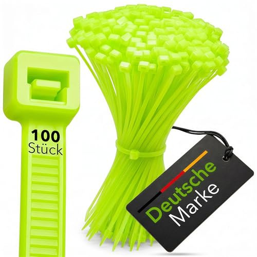 BeBo Kabelbinder Neon Grün 4,8 x 200mm 100 Stück fluoreszierend | Leuchtendes Neon-Grün, 23 kg Zugkraft, Bündeldurchmesser bis 50 mm. Für Kennzeichnung, Werkstatt und Deko im Innenbereich