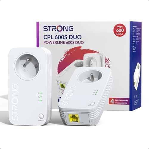 Strong CPL AV600, Prise Intégrée, Port Ethernet 100 Mbps, Kit de 2 | Plug & Play, Compatible avec Toutes les Box, Connexion Stable pour TV, PC et Décodeur