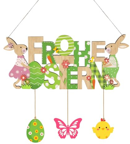Scinzene Oster Deko, Holzschild Frohe Ostern mit Hase und Schmetterling, Osterdeko Outdoor und Indoor für Haustür Fenster, Osterdeko Fenster, Frühlingshafte Osterdekoration für die Familie