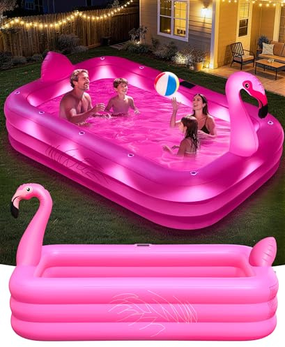 PoolLeader Piscina Hinchable Adultos, Flamenco Piscina Hinchable Rectangular con Luces Solar, Adopta un Material de PVC Grueso & Duradero, 254x160x50cm Piscinas Inflable Familiar Grande para Jardin