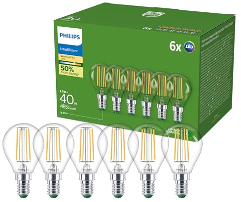 Philips UltraEfficient LED-Beleuchtung, 6er-Pack, P45, E14-Leuchtmittel, 485 Lumen, 40 W, Energiesparlampe, Augenkomfort, Lange Lebensdauer, Warmweißes Licht 2.700 K, Klassisches Design, Klare Lampe