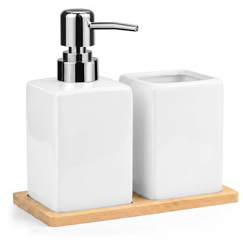 Bathroom Accessories Set - 3Pcs Ceramic Bath Accessory Set with Soap Dispenser + Toothbrush Holder + Bamboo Tray Contemporary Countertop Bathroom Set for Bathroom, Washbasin, Sink, Bathtub, White