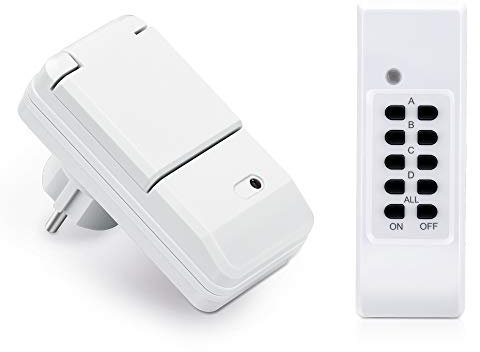 conecto Funksteckdosen Komplett Set Starterkit für Außenbereich IP44 (4-Kanal, Selbstlern-Funktion, 1x Outdoor Funksteckdose, 1x Fernbedienung) weiß