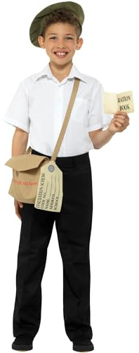 Smiffys Evacuee Instant Kit, Brown with Hat, Bag & Ration Book, Boys Fancy Dress, Child Dress Up Accessories