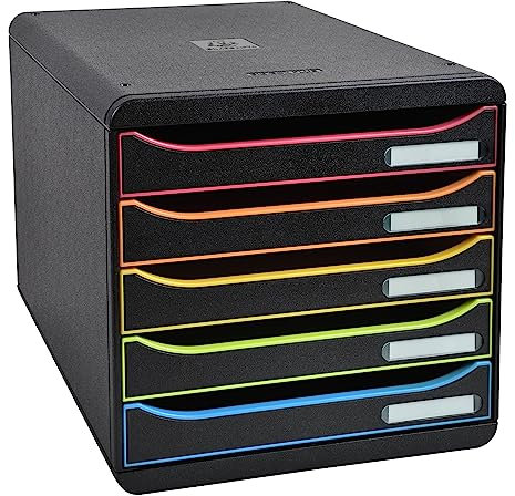Exacompta 309914D Premium Ablagebox mit 5 Schubladen für DIN A4+ Dokumente. Stapelbare Schubladenbox mit hoher Kapazität für mehr Platz auf dem Schreibtisch Big Box Plus Black Office Schwarz-Bunt