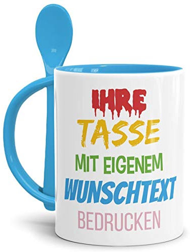 Tasse selbst gestalten/mit eigenem Text beschriften/Wunsch-Name/Spruch-Tasse/Löffeltasse Hellblau/Motiv für Linkshänder sichtbar