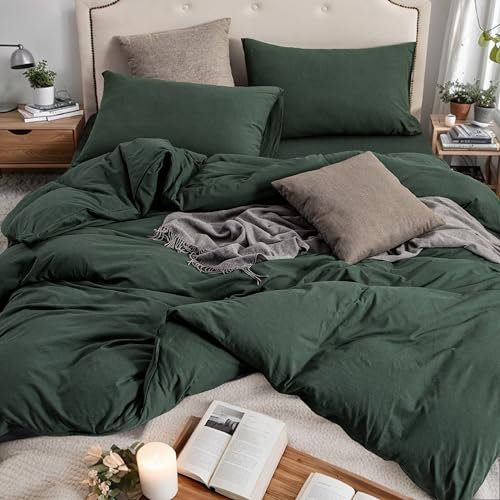 PURE ERA Set di biancheria da letto in 100% cotone jersey lavorato a maglia, super morbido, comodo, 3 pezzi, con chiusura a cerniera (colore verde foresta, matrimoniale, 228 x 228 cm)