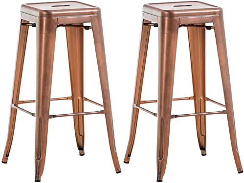 CLP Lot De 2 Tabourets De Bar Joshua V2 Métal I Chaise Haute Design sans Dossier | Tabouret Empilable 4 Pieds Repose-Pieds | Style Industriel, Couleur:cuivre