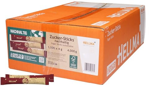 Hellma Feinzucker-Sticks 1000 Stk. je 4 g - 4 kg Vorrats-Box - Zuckertütchen einzeln, für Kaffee, Tee