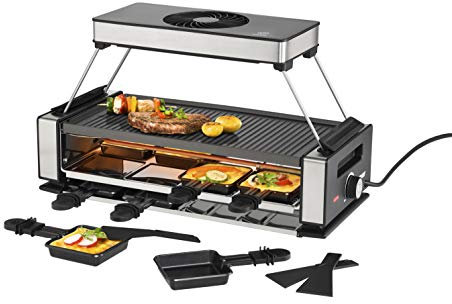 Unold Smokeless Electric Raclette & Grill 48785 - Extraction Hood with Carbon Filter - Reversible Grill/Griddle Plate - 1200W - For up to 8 Persons