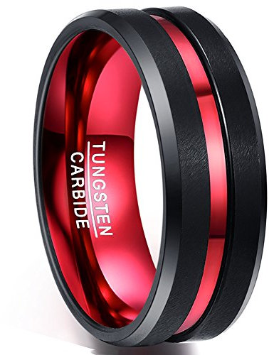 NUNCAD Herren Damen Ring Schwarz + Rot aus Wolfram Breite 8mm Partner Ring für Party, Hochzeit, Verlobung und Hobby Größe 63.4 (20.2)