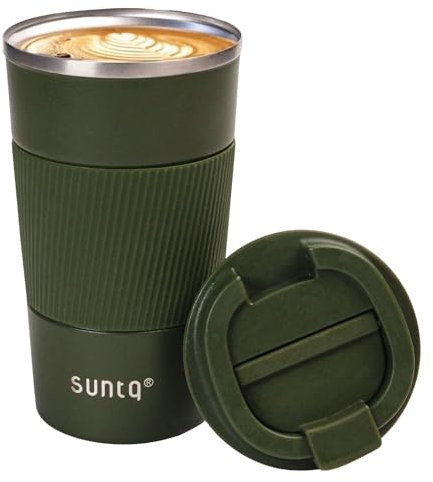 SUNTQ Reusable Coffee Cups Travel 510ml Coffee Travel Mug with Leakproof Lid - Thermal Mug Insulated Cup - Stainless Steel Travel Cup with Rubber Grip for Hot and Cold Drinks Green