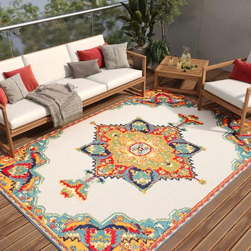 TAPISO Patio Teppich Outdoor Indoor Mehrfarbig Creme Ornament Muster Sisaloptik Strapazierfähig Wetterfest Wohnzimmer Terrasse ÖKO-TEX 160 x 220 cm
