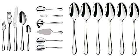 WMF Merit Besteckset 12 Personen, 66 teilig, 60 Teile mit Servierbesteck, Hohlheftmesser, Cromargan protect poliert, kratzbeständig, spülmaschinenfest & Merit Espressolöffel Set 6-teilig, 10,8 cm