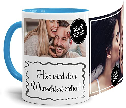 Foto-Tasse selbst gestalten mit Text & Collage für 2 Fotos - Geschenk für Familie, Freunde, Geburtstag, Weihnachten - Keramik Innen & Henkel Hellblau, 300 ml I Personalisiert