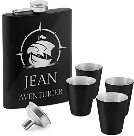 Maverton Flasque personnalisée de 200 ml pour lui - Portable Flasque pour voyageur - Set avec 4 verres à shot - Idee Cadeau Homme - Flasque Whisky - Cadeau Anniversaire Homme - Pour ami - Aventurier
