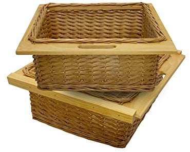 2 Ausziehbare Weidenkörbe Küche Rattan 600mm Küchenkörbe Aufbewahrung Lagerung Speisekammer Unterschrank & Läufer Buche massiv 60cm Landhausstil 100% handgefertigt Befestigungssatz inklusive - Braun
