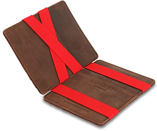 Jaimie Jacobs Flap Boy Slim ohne Münzfach Magic Wallet integrierter RFID Schutz Magischer Geldbeutel Echtleder (Büffelleder Dunkelbraun mit Rot)